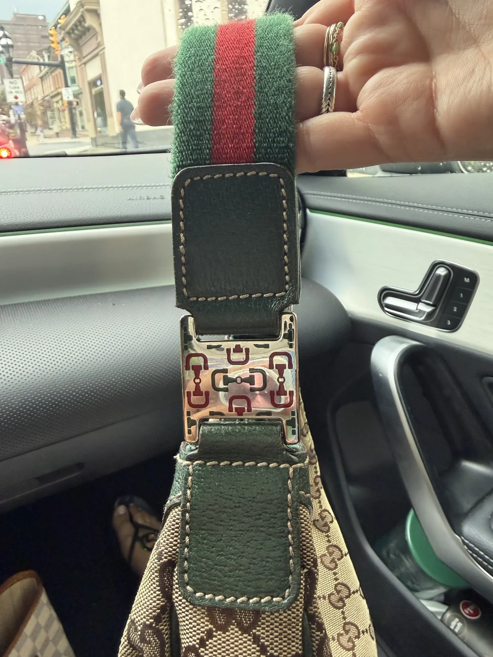 Beige Gucci Monogram Hobo Shoulder Bag with Green Trim